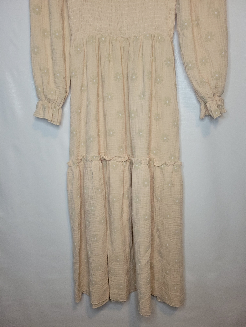 Cotton Textured Blush Cream Long Sleeve Maxi Dress With Smocked Bodice - Picture 6 of 12